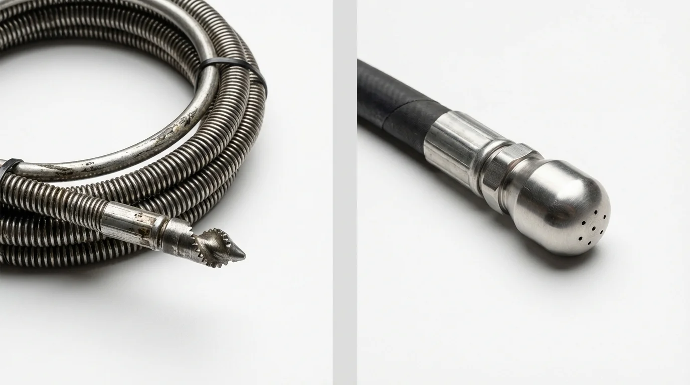 Drain snake cable and hydro jetting nozzle used for drain cleaning in La Porte, IN