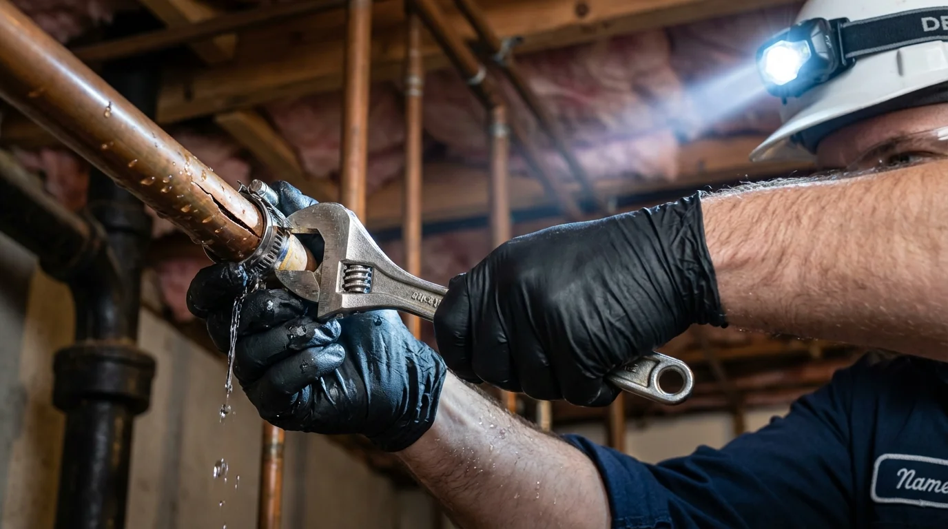 Emergency pipe clamp repair being performed by a Johns Plumbing LLC plumber in La Porte