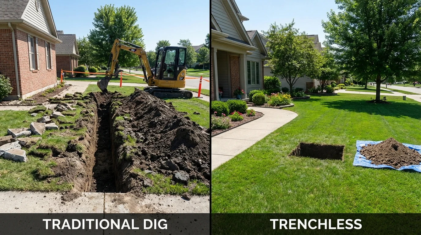Trenchless sewer repair with minimal yard damage versus traditional excavation in La Porte, IN