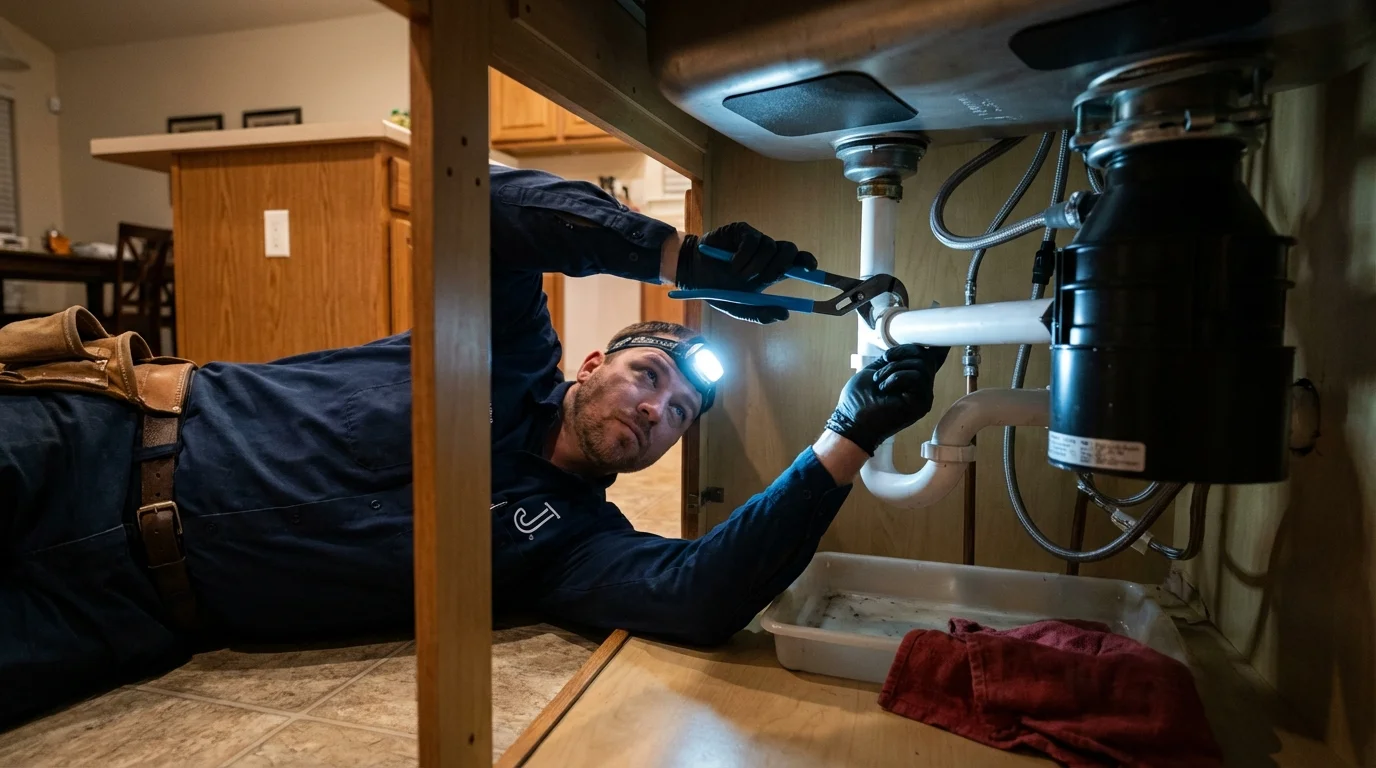 P-trap and supply line connections under a kitchen sink showing a common leak point in La Porte, IN